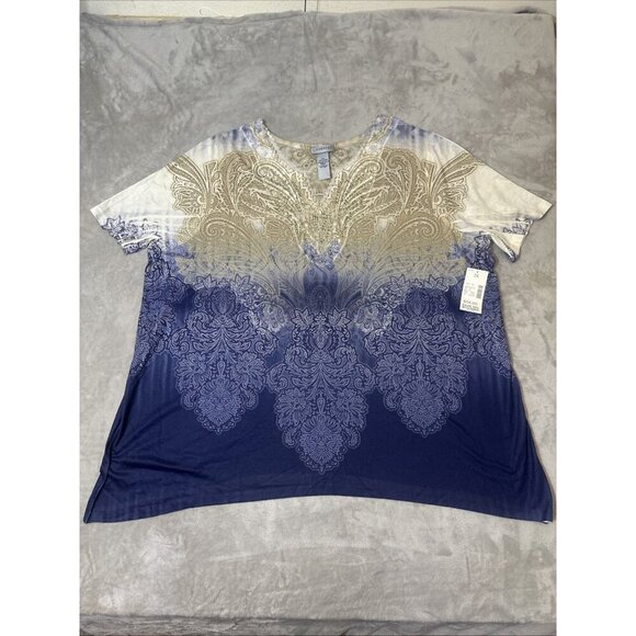 Women’s Catherines Blouse Paisley Navy Blue Tan Rhinestones Embroidered Neck 2X - Picture 1 of 12